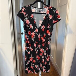 Divided Black Dress with Pink and Red Floral Pattern